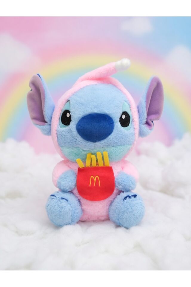 pembe kapuşonlu stitch peluş oyuncak 30cm stich ithal tüylü peluş ayı uyku arkadaş