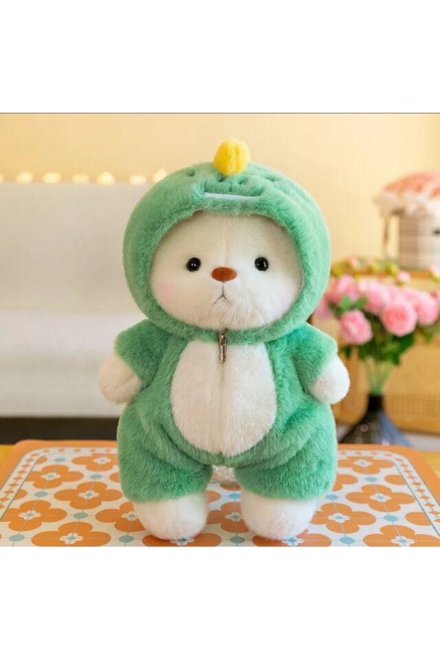 Teddy yesil dinozor kostümlü ayıcık peluş oyuncak kıyafeti çıkarılır hareketli ayaklı 40cm peluş ayı