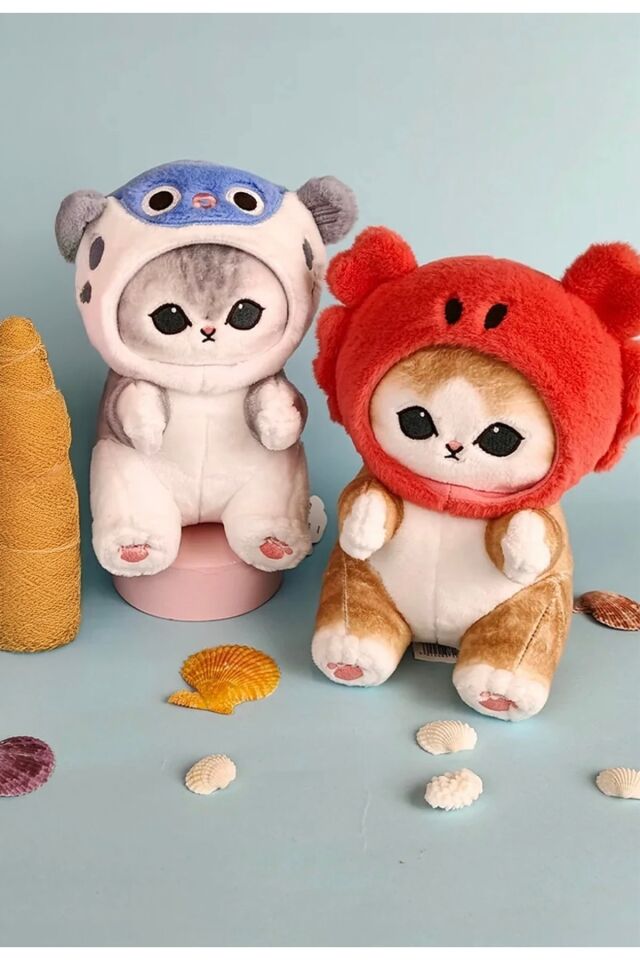 Mofusand kırmızı balık şapkalı kedi peluş oyuncak 25cm mofusand seri kedi peluş uyku arkadaşı