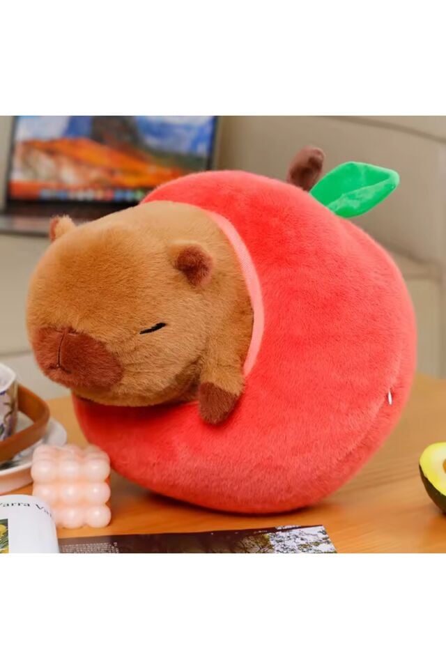 Elma içinde capybara peluş oyuncak hediyelik fermuarlı seri kapibara yastık uyku arkadaşı büyük boy