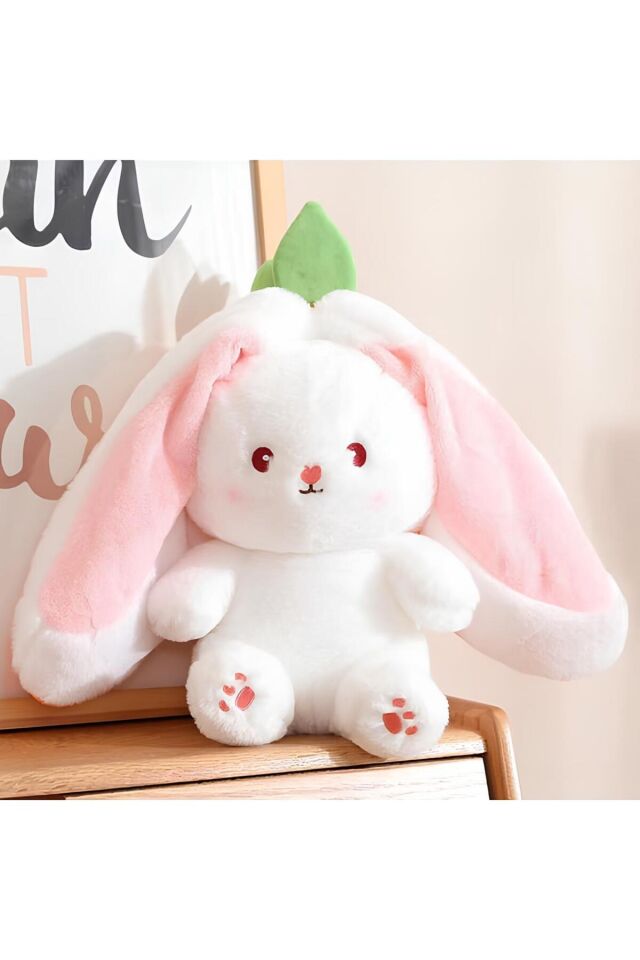 Çilek Tavşan Özel Tasarım Fermuarlı Yapısıyla Hem Çilek Hem Tavşan Peluş Oyuncak Uyku Arkadaşı 30cm