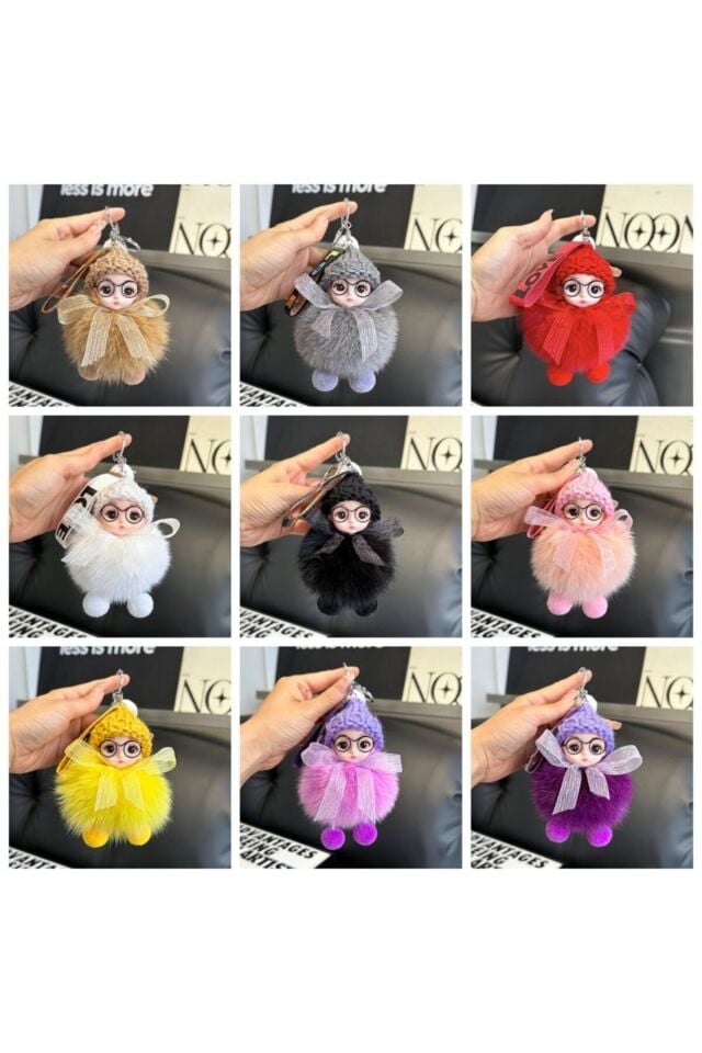 Miniş Gri Gözlüklü Tüylü Anahtarlık Bebek 10cm Tüylü Pofuduk Peluş Oyuncak
