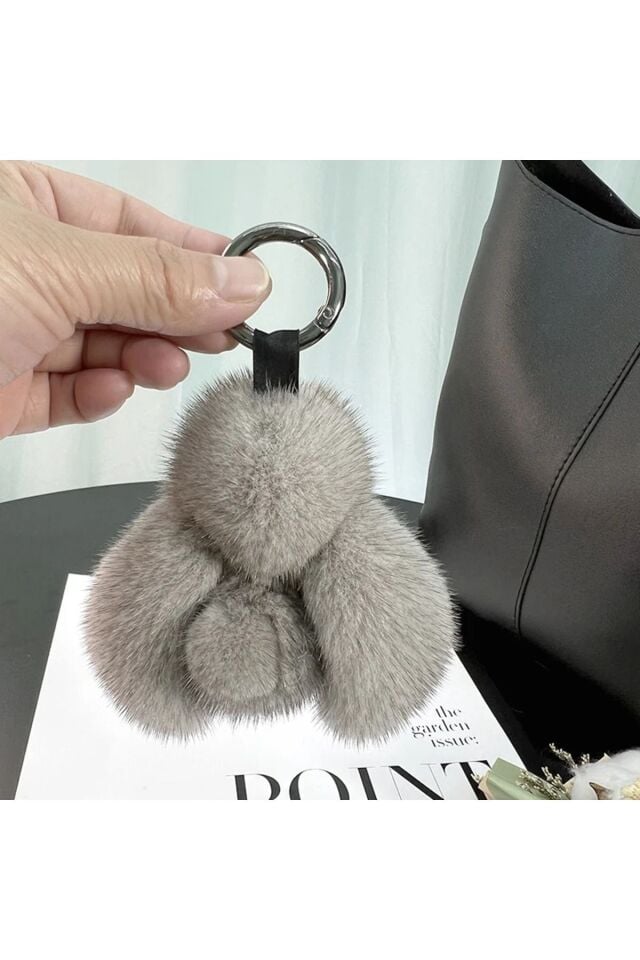 Gri mini pofuduk tavşan anahtarlık 10cm ithal oyuncak çanta süsü charm