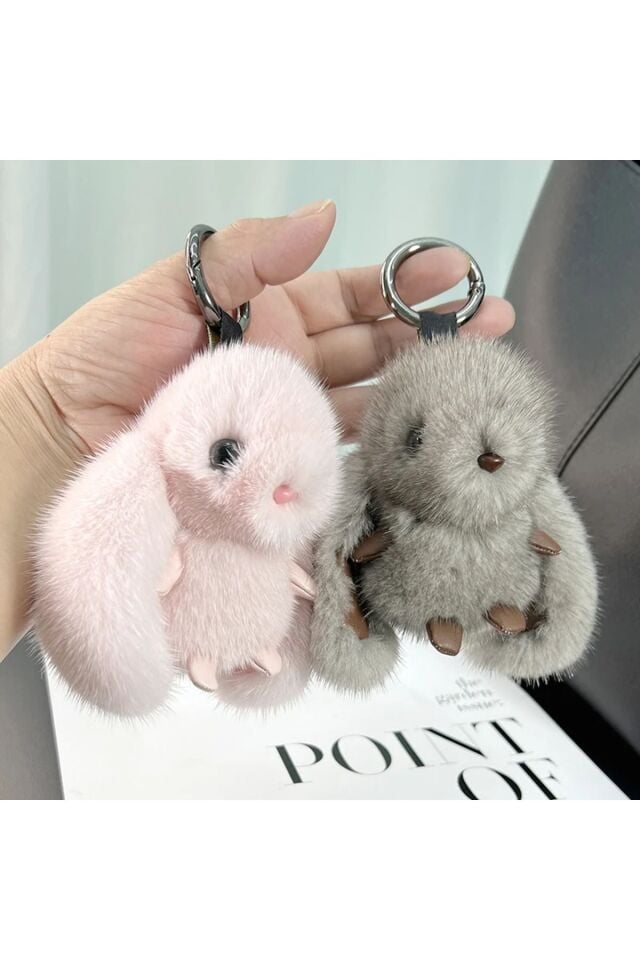 Gri mini pofuduk tavşan anahtarlık 10cm ithal oyuncak çanta süsü charm